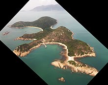 Aerial view of Siu A Chau looking towards the South coast of Lantau Island.