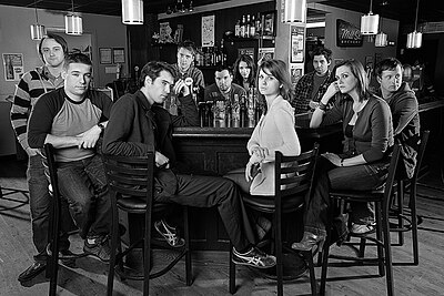 The April 2010 cast of Sunday Night Live (minus Pat Thornton, Cole Osborne and Daryn McIntyre) Sketchersons bw bar.jpg