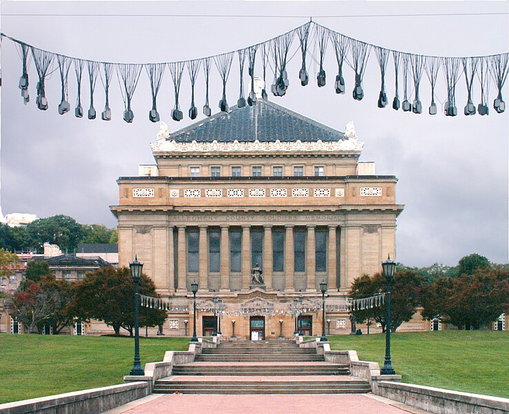 Soldiers and Sailors Hall with dog tags strung over the promenade