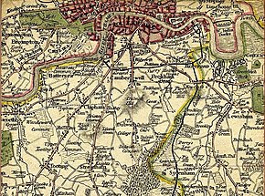 South of London in 1800. The border between Surrey and Kent is shown running through Deptford, with parts of the area in each county. South London Map 1800.jpg