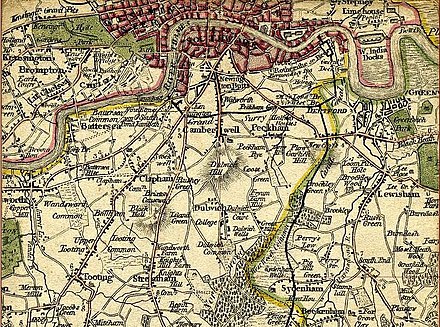 South of London in 1800. The border between Surrey and Kent is shown running south from Deptford, through Sydenham