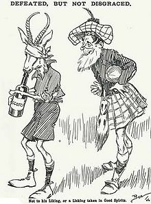 A contemporary cartoon depicting Scotland's victory against South Africa at Hampden in 1906. The bruised South African springbok (left) is drinking Scotch whisky. Springboks-Scotland-1906-cartoon.jpg
