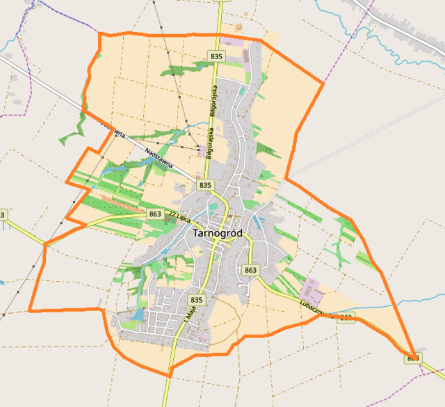 Mapa konturowa Tarnogrodu, w centrum znajduje się punkt z opisem „Tarnogród, cerkiew”