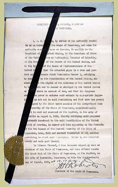 Tennessee certificate of ratification of the Nineteenth Amendment. With this ratification, the amendment became valid as a part of the Constitution.