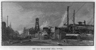 1882 sketch of moonlit "Mechanics' Bell" at 5th & Lewis Street where shipyards had given way to lumberyards. The bell once represented the abolition of the "dark to dark" workday. The Old Mechanic's Bell tower (erected by shipwrights about 1800 at Goerck and Stanton streets near the East River, N.Y.C. The tolling of the bell marked the end of a ten-hour day, an act of LCCN2003671011.tif