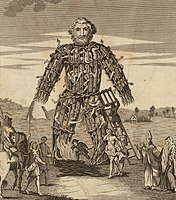 An 18th-century engraving of a Celtic wicker man, ready for burning