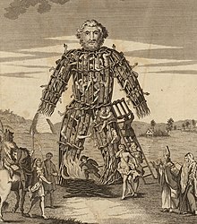 An 18th century illustration of a wicker man, the form of execution that Caesar wrote the druids used for human sacrifice. From the "Duncan Caesar", Tonson, Draper, and Dodsley edition of the Commentaries of Caesar translated by William Duncan published in 1753. The Wicker Man of the Druids crop.jpg