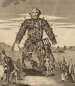 An 18th-century illustration of a wicker man. Engraving from A Tour in Wales written by Thomas Pennant. The Wicker Man of the Druids crop.jpg