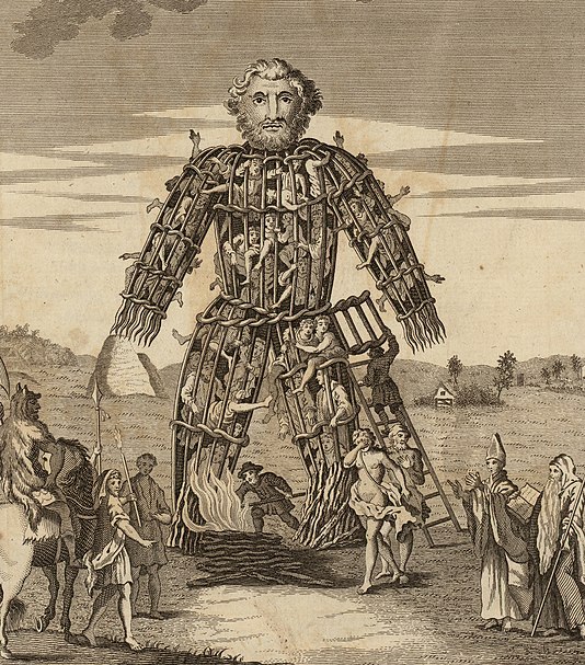 An 18th-century illustration of a wicker man. Engraving from A Tour in Wales written by Thomas Pennant.