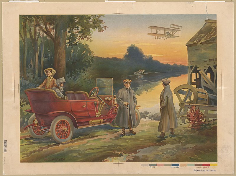 File:Two women in automobile, with two men standing alongside, another automobile across river, biplane above, and ruins of water mill on right) - H.C. Ireland LCCN93511459.jpg