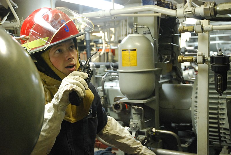 File:U.S. Navy Damage Controlman 3rd Class Jacob Oppman reports the status of a flooded space during a damage control drill aboard the guided missile destroyer USS Shoup (DDG 86) in the U.S. 5th Fleet area 130611-N-ZZ999-004.jpg