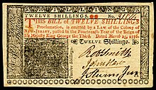 A 12/- colonial currency note from the Province of New Jersey. Signed by Robert Smith, John Hart, and John Stevens, Jr. US-Colonial (NJ-179)-New Jersey-25 Mar 1776 OBV.jpg
