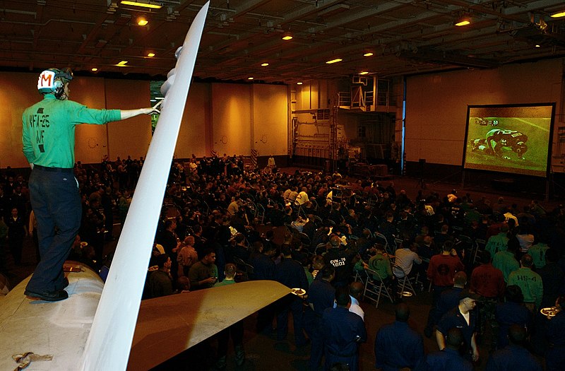 File:US Navy 070204-N-4009P-033 Sailors watch Super Bowl XLI in the hangar bay aboard the Nimitz-class aircraft carrier USS Ronald Reagan (CVN 76).jpg