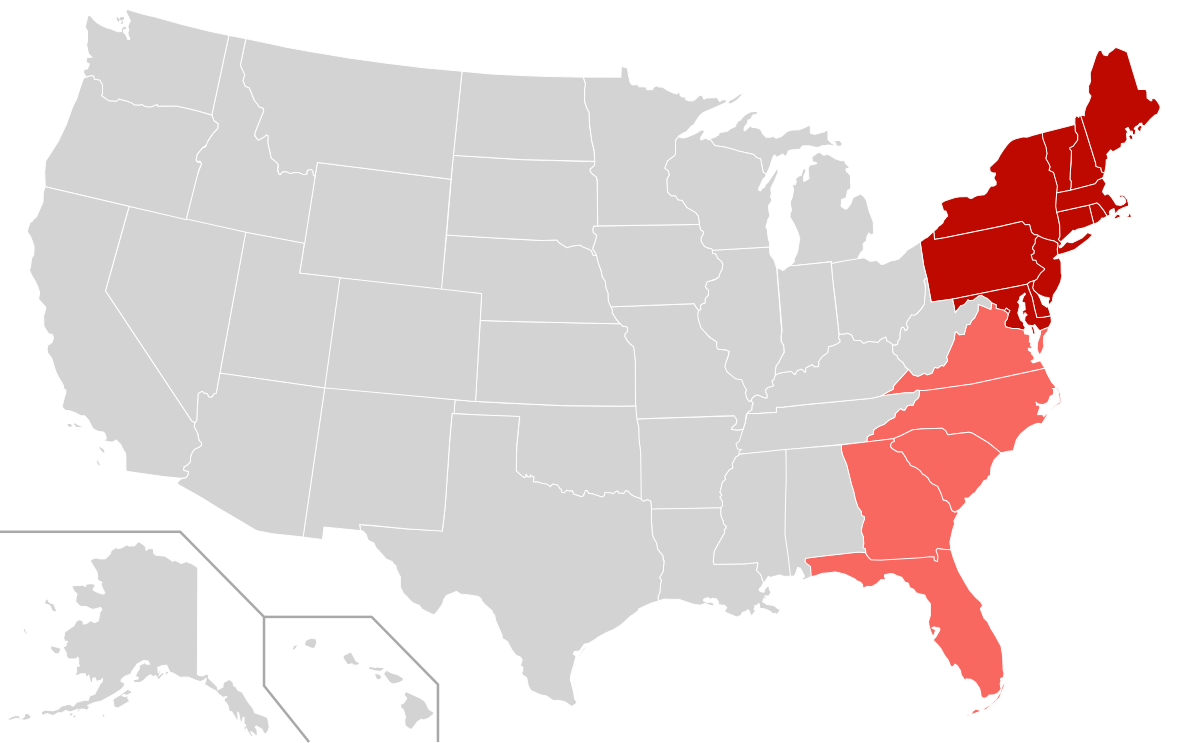 carte etats unis côte est