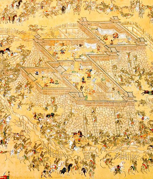 Korean Army under Gwon Yul attacking the Japanese Castle at Ulsan, commanded by Katō Kiyomasa.  Note that the entire formation is archers, as painted by the Japanese.