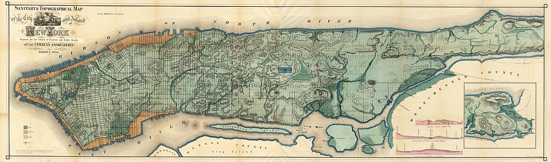The "Sanitary & Topographical Map of the City and Island of New York", commonly known as the Viele Map, was created by Egbert Ludovicus Viele in 1865 Viele Map 1865.jpg
