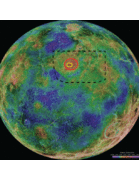 Una vista del hemisferio sur de Venus. Cuadrángulo V-56 bordeado por líneas discontinuas negras. El Quetzalpetlatl Corona está delineado en rojo y la Boala Corona interior en amarillo. Imagen de fondo proporcionada por NASA/JPL.