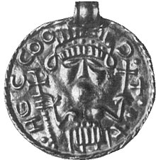 B-bracteate of the B7 or "Furstenberg" type, found in Welschingen (IK 389), interpreted as depicting Frija-Frigg Welschingen-B.jpg