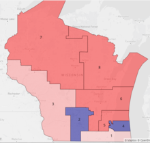 Wisconsin alternative congressional districts drawn with Dave's Redistricting 2020 Wisconsin Redistricting Map Daves Redistricting.png