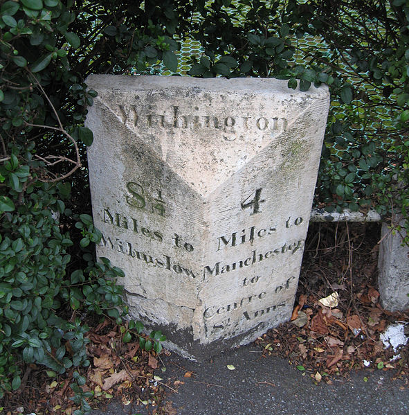A milestone in Withington which was placed by the Manchester Turnpike Trust; it stands opposite a public house named The Turnpike