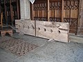 Wooden stocks inside St Kew parish church, Cornwall.