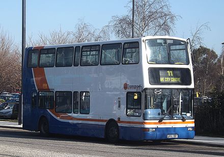 A Z&S Dennis Trident at Milton Keynes station on route 11 to Caldecotte, typical of the Council contracted routes that now serve much of Milton Keynes where Arriva Shires & Essex services have been withdrawn.