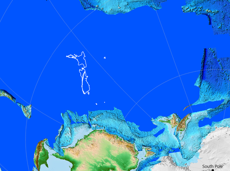 Zealandia (lower right), between Australia and Antarctica near the South Pole, 90 million years ago. The present position of New Zealand is outlined in white (centre left). Zealandia and New Zealand 90 ma Gondwana.png