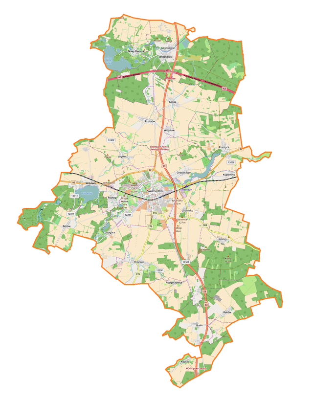 Mapa konturowa gminy Świebodzin, w centrum znajduje się punkt z opisem „Kościół Najświętszej Maryi Panny Królowej Polski w Świebodzinie”