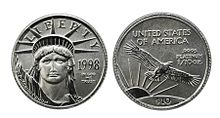 A
1/10 troy oz. bullion strike bears the .9995 PLATINUM 1/10 OZ. inscription. 1998 Tenth Ounce American Platinum Eagle.jpg