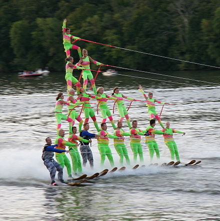 Water ski pyramid with 18 skiers Lake Zumbro, Minnesota, August 2010