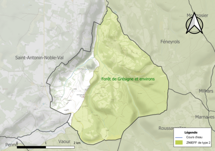 Carte de la ZNIEFF de type 2 sur la commune.