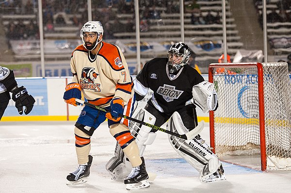 Campbell in net for the Ontario Reign during the 2017 AHL Outdoor Classic