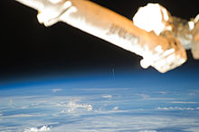 Johannes Kepler's launch as seen from the ISS. The ATV is the thin white plume rising from the Earth in the center of the image. ATV-2 launch from ISS.jpg