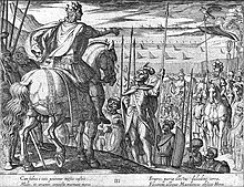 Alexander's troops beg to return home from India in plate 3 of 11 by Antonio Tempesta of Florence, 1608. Alexander troops beg to return home from India.jpg