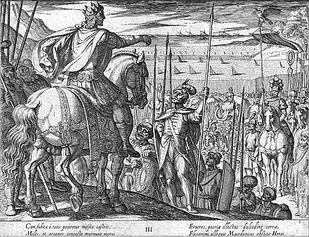 Alexander's troops beg to return home from India in plate 3 of 11 by Antonio Tempesta of Florence, 1608.