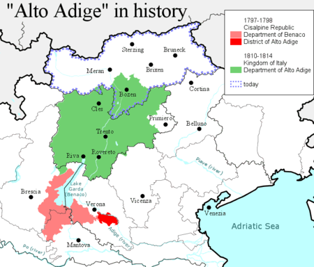 Trentino (green area) was part of the "Alto Adige Department" under Napoleon Alto Adige in history.png