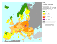 Annual average concentration of PM2.5 in 2010 in Europe.gif