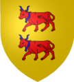 D'oro, a due vacche di rosso, cornate, collarinate e accampanate d'azzurro, passanti una sull'altra (Béarn, Francia)