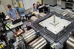 Researchers using a machine known as a "shaker" to study the effects of multi-axial vibrations, 2019 Army Research Laboratory multiaxial vibration experiment.jpg