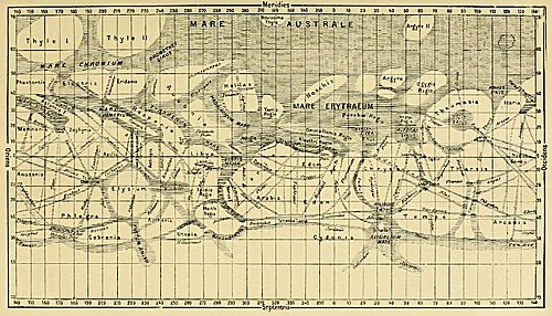 Fig. 18 : Carte de Mars, en projection de Mercator, par Schiaparelli.