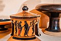 Attic black-figure pyxis - ABV extra - Dionysos and Ariadne with satyrs - bearded hero with Hermes and Athena - warrior departing - Erlangen AS I 867 - 02