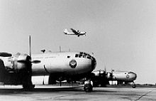 B-29s line the ramp at Randolph AFB as one takes off on a training mission, c. 1950. B-29 training Randolph Korean War.jpg