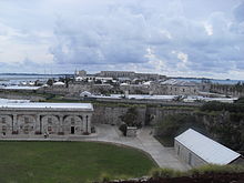 View from the Commissioner's house in Bermuda: Ordnance Yard (in the Keep), Victualling Yard, Dockyard, Casemates Barracks and Upper Ordnance Yard. BMMentry.JPG