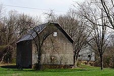 Half-Timbered Barn, foreground; Large Barn, background