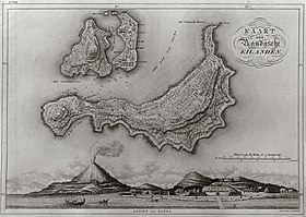 Mapa histórico de las islas de Banda (Vista de Banda y mapa de Banda, Lonthor y Gunung Api, por A.L. Zeelander /C. van Baarsel en Zoon 1816-26)