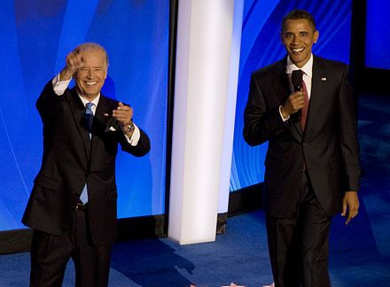 Barack Obama and Joe Biden appear together at the 2008 Democratic National Convention.