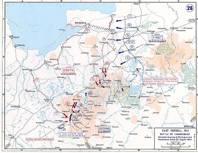 Movements of 23–26 August 1914, with Germans in red and Russians in blue