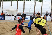 Deutsch: Beachhandball Europameisterschaften 2019 (Beach handball Euro); Tag 5: 6. Juli 2019 – Männer, Platzierungsspiel für die Ränge 5–8, Frankreich-Deutschland 0:2 (18:22, 16:19) English: Beach handball Euro; Day 5: 6 July 2019 – Placement Match/Cross Match for rank 5–8 Men – Frankreich-Deutschland 0:2 (18:22, 16:19)