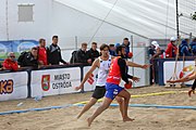 Deutsch: Beachhandball Europameisterschaften 2019 (Beach handball Euro); Tag 3: 4. Juli 2019 – Männer, Hauptrunde Gruppe I, Dänemark-Spanien 2:0 (23:20, 29:22) English: Beach handball Euro; Day 3: 4 July 2019 – Men Main Round Group I – Denmark-Spain 2:0 (23:20, 29:22)