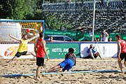 Deutsch: Beachhandball Europameisterschaften 2019 (Beach handball Euro); Tag 1: 2. Juli 2019 – Männer, Vorrunde Gruppe D, Frankreich-Montenegro 2:0 (19:7, 18:9) English: Beach handball Euro; Day 1: 2 July 2019 – Men Preliminary Round Group D – France-Montenegro 2:0 (19:7, 18:9)